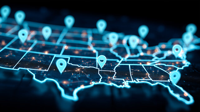 Digital map of the United States with glowing location pins illustrating geolocation tracking, logistics networks and data connectivity concepts.
 - Powered by Adobe