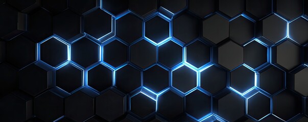 Black hexagonal tiles with glowing blue edges create a futuristic pattern