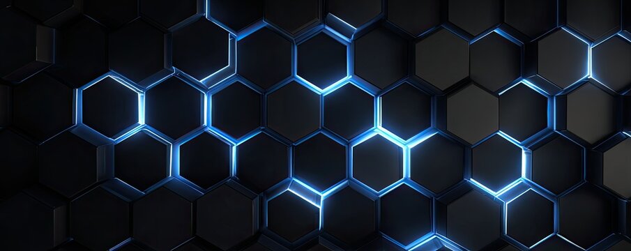 Black hexagonal tiles with glowing blue edges create a futuristic pattern