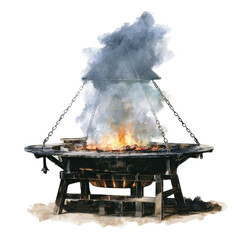 Large outdoor grill with meat cooking over open flames and smoke