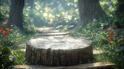 Forest path leads to tree stump display, sunlight dappled background, nature product showcase