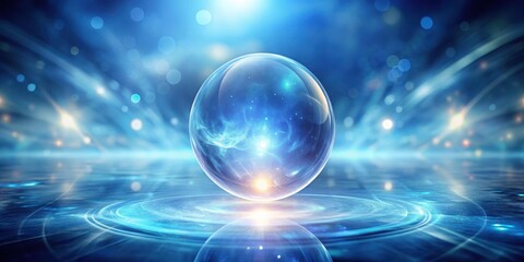 Mysterious mystical aura surrounds a glowing orb suspended in mid-air against a magic blue blur abstract background