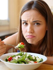 Disgusted Woman Looking at a Bowl of Salad - Unhappy with Healthy Food