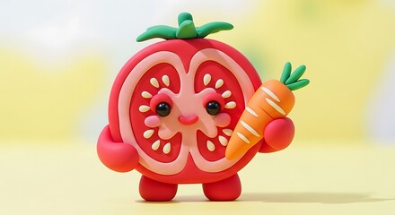 Cute Clay Tomato Character Holding a Carrot.