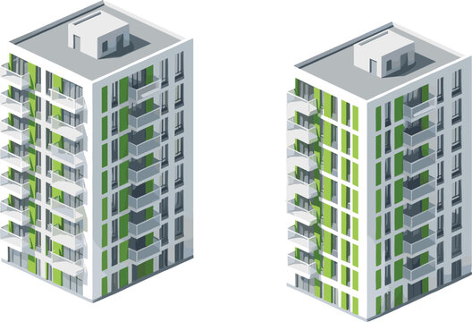 Isometric Modern Apartment Building Vector Illustration Set Showing High Rise Residential Architecture With Balconies and Urban Design