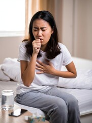 Woman Sitting on Bed Coughing, Feeling Unwell