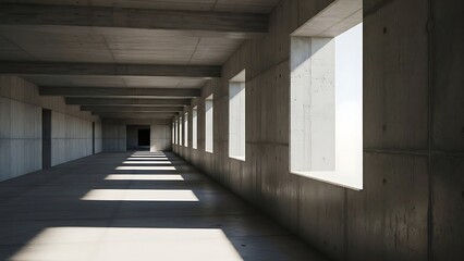 Concrete corridor with rectangular windows and beams on ceiling hallway passageway