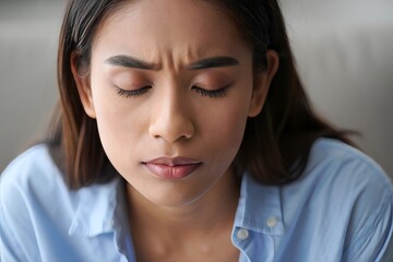 Young Woman with Closed Eyes, Expressing Sadness or Discomfort