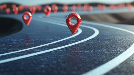 Road path with red location markers