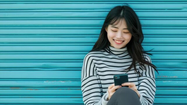 A young woman smiling at her cellphone, enjoying a moment of connection or amusement. She is seated against a vibrant blue wall, with her hair casually tucked behind her ears.