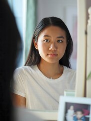 Young Woman Looking Over Shoulder in Bright Interior