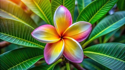 Large frangipani plumeria flower in bloom top view
