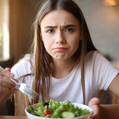 Young Woman Making a Face at a Bowl of Salad - Dislike, Picky Eater, Unhealthy Food Aversion