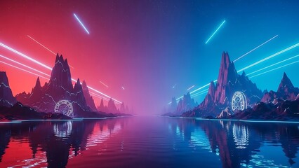 Neon lit mountain range with lake and clock faces under starry sky mountains stars
