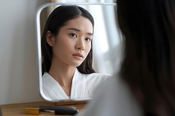 Young Woman Looking at Herself in Mirror - Reflection and Self-Assessment