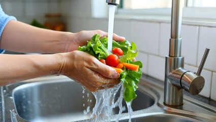 Fresh Vegetables Being Washed in Kitchen Sink - Healthy Eating Prep