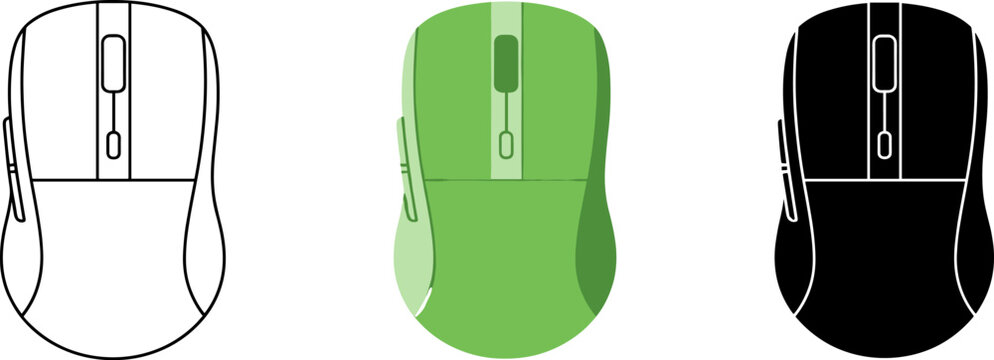Modern computer gaming mouse set with line art, green flat design, and black silhouette.