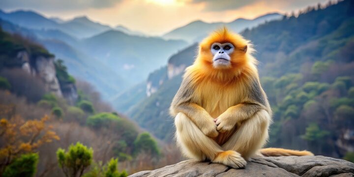 Golden Snub Nosed Monkey sitting on rocks in Shaanxi Province China