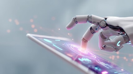 Robot hand touching digital tablet screen