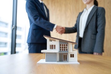 Businesspeople Shaking Hands Over a Miniature House Model - Real Estate Deal