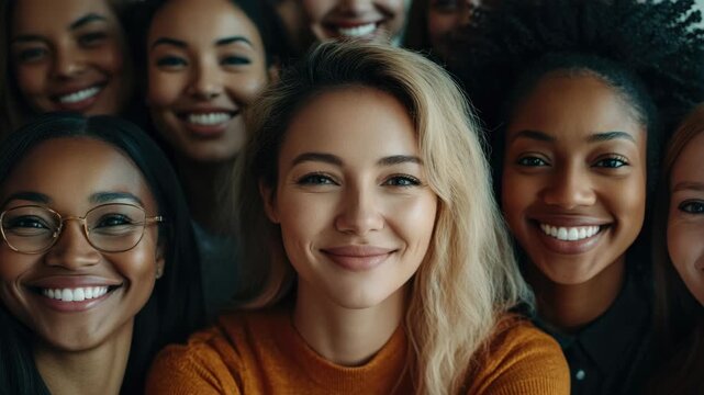 Colorful background, smiling faces, close-knit group