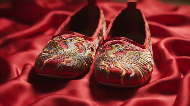 An ornate pair of traditional red embroidered shoes, adorned with phoenix designs and sparkling beads, are displayed on a luxurious, draped red silk fabric.