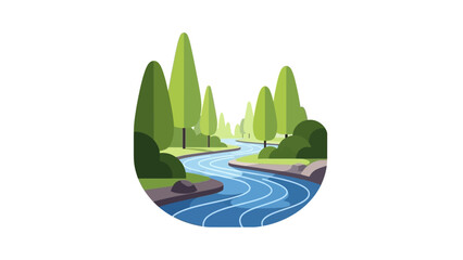 Serene natural landscape illustration featuring a winding river flowing through lush green trees