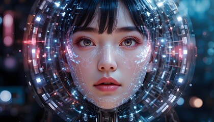 Chiaki Okada as a future AI icon, glowing cyber eyes, transparent hologram interface around her face, dark futuristic background, hyper-realistic digital art.
