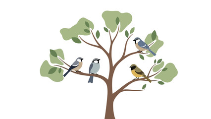 Birds Perched on a Branch of a Tree with Green Leaves - Illustration