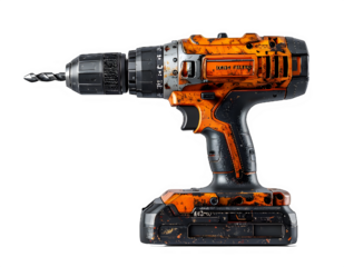 Cordless orange power drill with battery pack and bit.