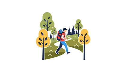 Minimalist vector illustration of an adventurous hiker with a backpack traversing a winding forest path