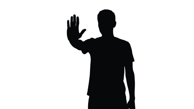 Silhouette of a person making a clear stop gesture with an outstretched hand signaling prohibition rejection or refusal against a stark white background for graphic design use