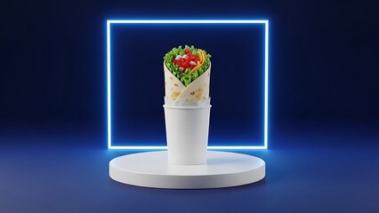 White cup with wrapped food on a round platform with blue neon light