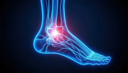 Glowing blue human ankle with highlighted pain area in red