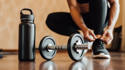 Naklejka premium Ready to Conquer: Focus on the dedication and determination of an athlete as they prepare for a workout, surrounded by equipment and gear.