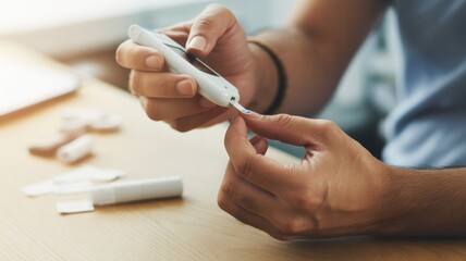 Diabetes Test: Close-up of a person's hands performing a glucose test with a modern, sleek blood glucose meter, reflecting health awareness.