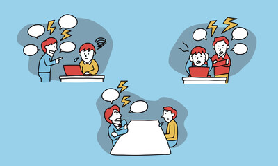 不機嫌な上司セット　高圧的なマネジメントをする人と萎縮してしまう部下のイラスト