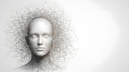 Black and white portrait of a stone woman statue with a classic ancient art style