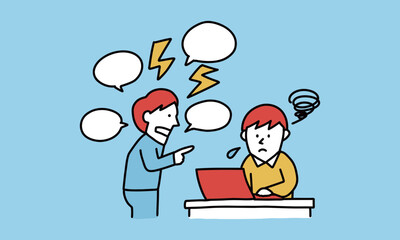 指導が高圧的で怖い上司とおびえる部下のイラスト