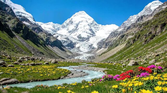 Majestic Tirich Mir Peak Overlooking a Vibrant Glacier Valley with Wildflowers