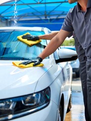 Car Wash Worker Cleaning Car Windshield with Cloth