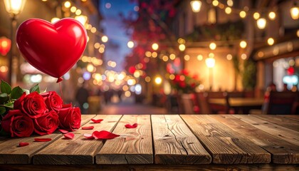 Empty old wooden table background with valentines day theme in background