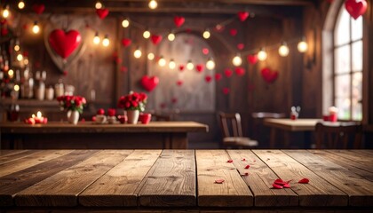 Empty old wooden table background with valentines day theme in background