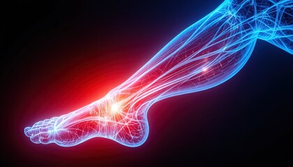 Human foot with glowing blue veins and red pain spot