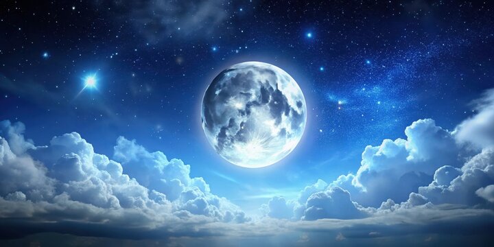 A full phase Moon illuminated against a dark blue sky with stars and a few clouds