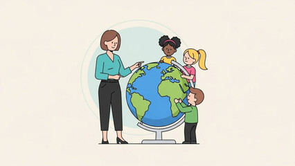 Diverse children and teacher learning geography with a large globe model in classroom setting for education and exploration