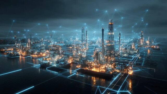Modern Industrial Hub: A sprawling industrial complex pulses with activity under the night sky, its interconnected network illuminating the technological marvel of modern infrastructure.