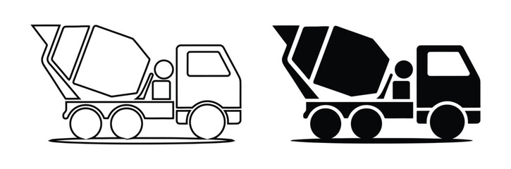 Cement mixer trucks in line art and solid black,Cement truck icon symbol concept. Icons for web and mobile.cement truck icon simple vector outline logo