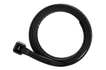 Black plastic cable tie coiled in a circle for fastening wires isolated with transparent background