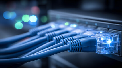 Ethernet network cables connected to a server switch illustrating data transfer digital connectivity and information infrastructure concept.